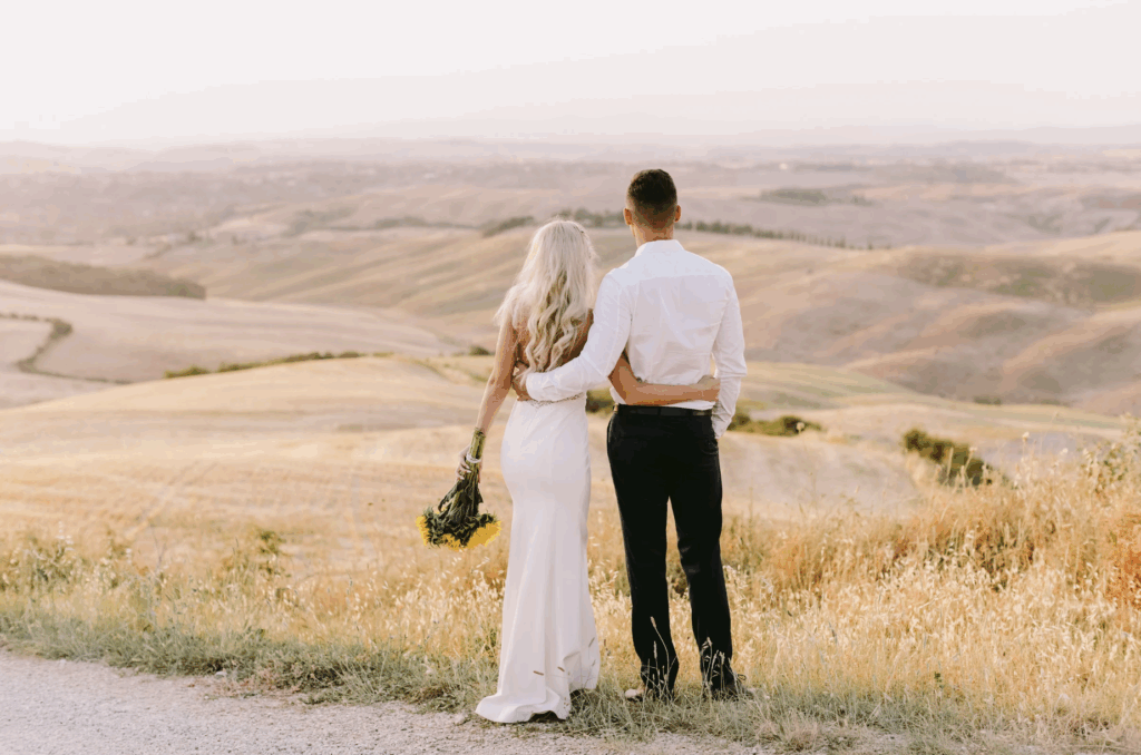 Real wedding couple overlooking the hill country