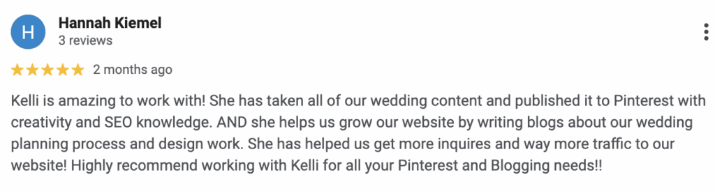 Review from real client regarding marketing for wedding pros and results
